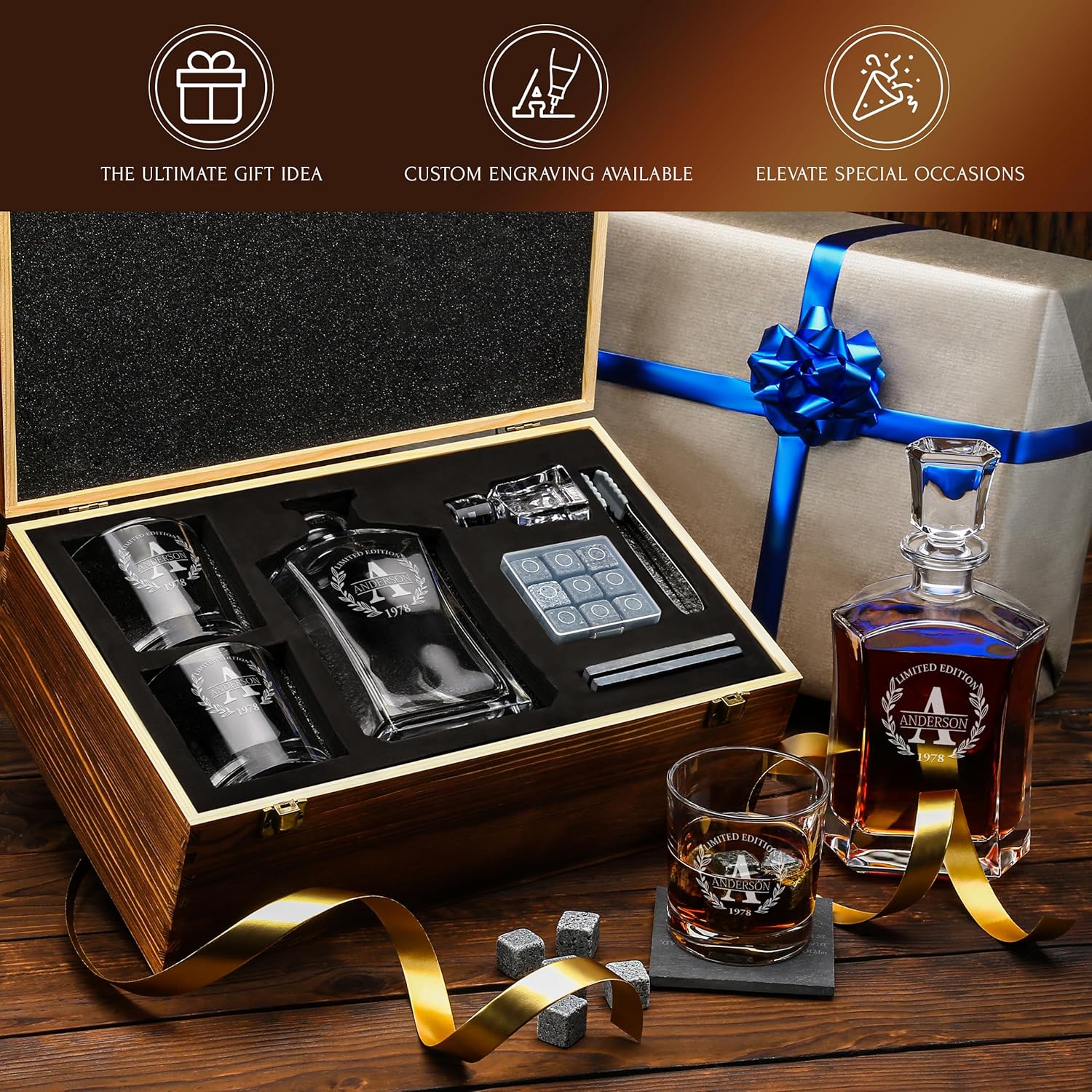 Personalized Whiskey Decanter and Stones Set - Customized Gift for Him - Men, Dad, Father - Engraved Old Fashioned Decanter, Glasses, 9 Granite Stones in Container, Coasters, Tongs in Wooden Gift Box