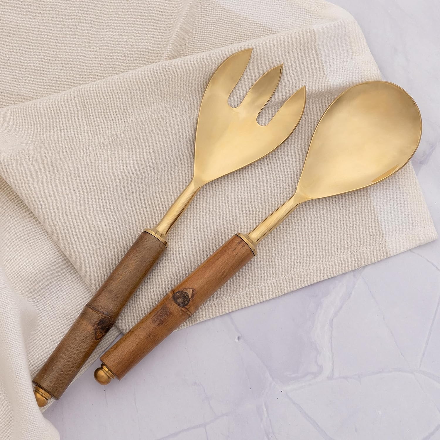 Folkulture Serving Utensils for Modern Serving and Cooking, Stainless Steel Salad Servers or Salad Tongs, 12 Inch Salad Tosser, Serving Spoon and Fork Set with Bamboo Handle, Gold