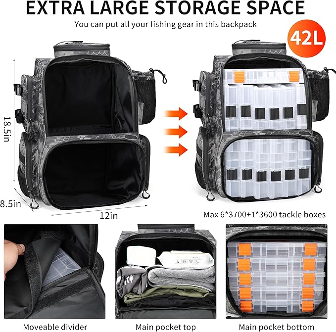 Rabjen Fishing Tackle Backpack with Rod Holders, Bottle Holder, Storage Bag Store Fishing Gear