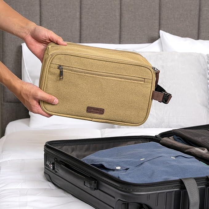 PAVILIA Toiletry Bag for Men, Canvas Travel Dopp Kit, Water Resistant Hygiene Bag Toiletries Organizer, Shaving Kit Travel Accessories Bag, Tan Khaki, Extra Large
