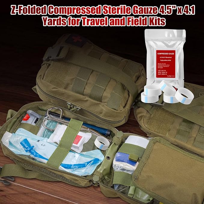 15 Pcs Z-Folded Compressed Sterile Gauze 4.5" x 4.1 Yards Combat Gauze Trauma Pad 6-ply 100% Cotton for Emergency Wound Dressing, First Aid Ifak Supplies Trauma Kit