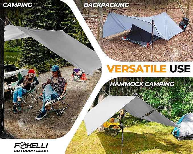 Foxelli Camping Tarp - 12x10ft Waterproof Rain Tarp, Lightweight Backpacking Rainfly Shelter with Included Extra Long Guy Lines & Stakes