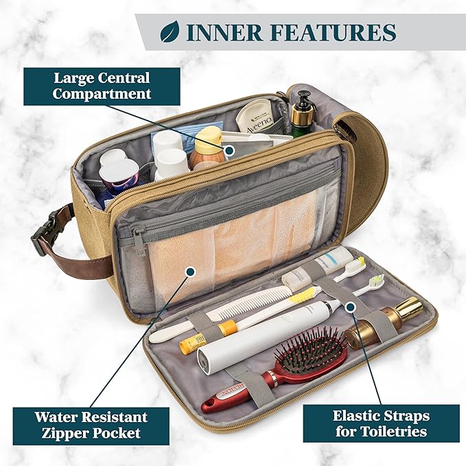 PAVILIA Toiletry Bag for Men, Canvas Travel Dopp Kit, Water Resistant Hygiene Bag Toiletries Organizer, Shaving Kit Travel Accessories Bag, Tan Khaki, Extra Large