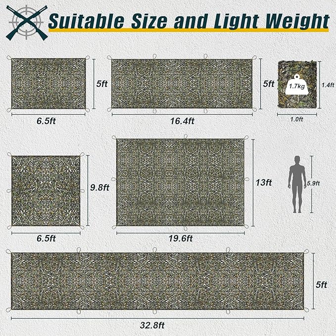 iunio Camo Netting Camouflage Netting, Silent Military Net, Large Bulk Roll Mesh, for Hunting Blind Cover Backdrop Camo Themed Birthday Party, Sun Shade, Camping, Outdoor, with mesh Backing