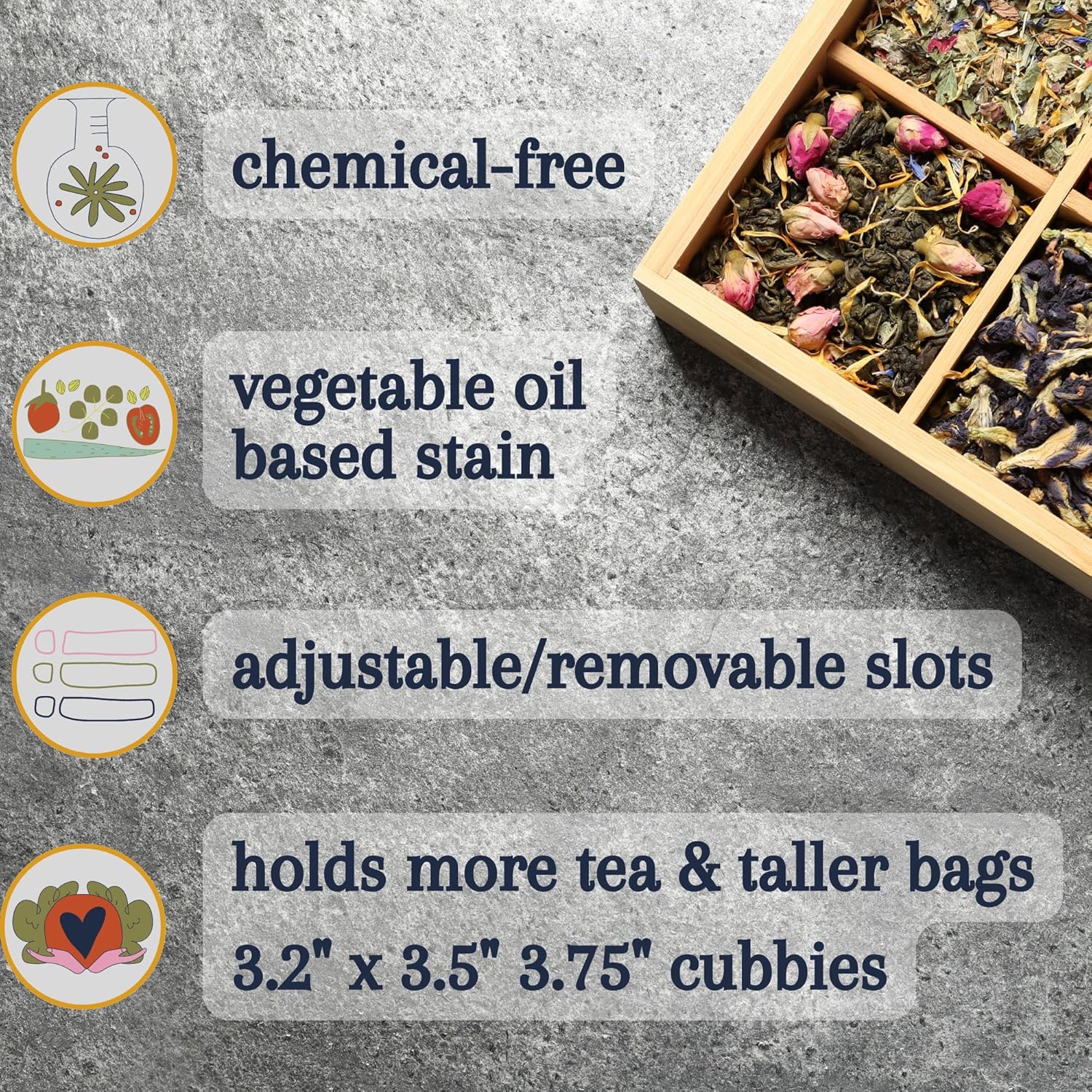 Bamboo Tea Organizer Box Chemical Free Eco-Friendly Big, Tall, Adjustable Cubbies Natural Wooden Storage Chest (4-Slot Rectangle 14.3"x 4.4" x 4.2" with TEA print design)