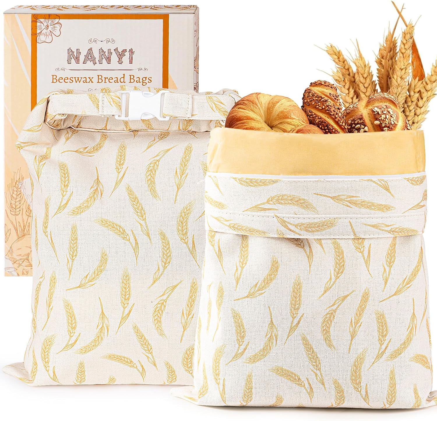 2-Pack Reusable Beeswax Bread Bags for Sourdough & Homemade Bread，Cotton Waxed Bags Keeps Fresh Longer(Golden Wheat)