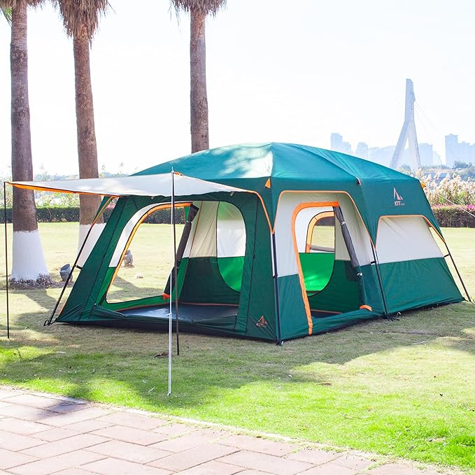 KTT Extra Large Tent 10-12-14 Person(B),Family Cabin Tents,2 Rooms,3 Doors and 3 Windows with Mesh,Straight Wall,Waterproof,Double Layer,Big Tent for Outdoor,Picnic,Camping,Family Gathering