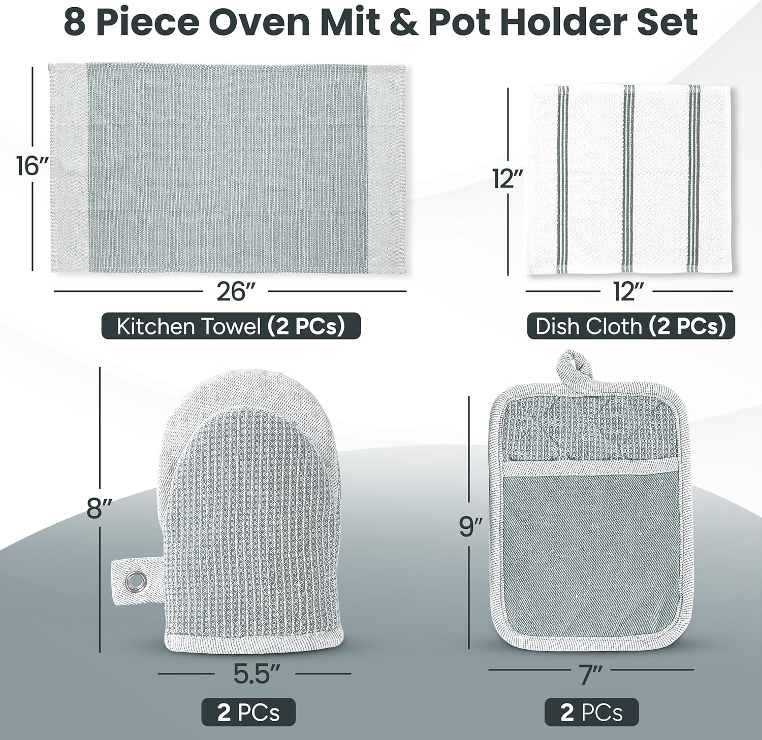 Casa Platino 8-Piece Mini Oven Mitt & Pot Holder Set – 500°F Heat Resistant with Silicone Grip, Includes 2 Kitchen Towels & 2 Dish Cloths for Drying – Non-Slip, Durable, Machine Washable – Grey