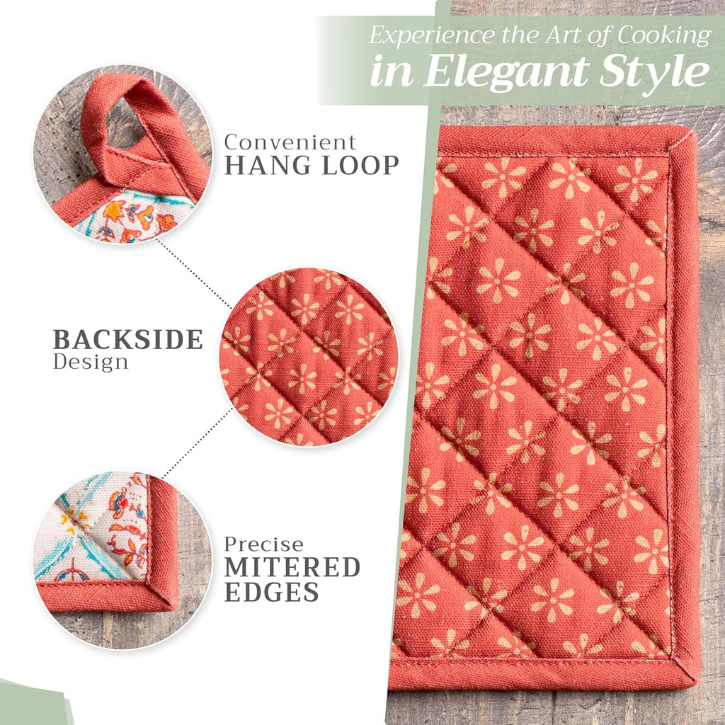 Maison d' Hermine Pot Holders Set 100% Cotton Heat Resistant Potholders 8" x 8" Hot Pads with Loop BBQ, Cooking, Baking, Grilling, Kitchen, Handling Hot Pans (Pack of 2, Romane)