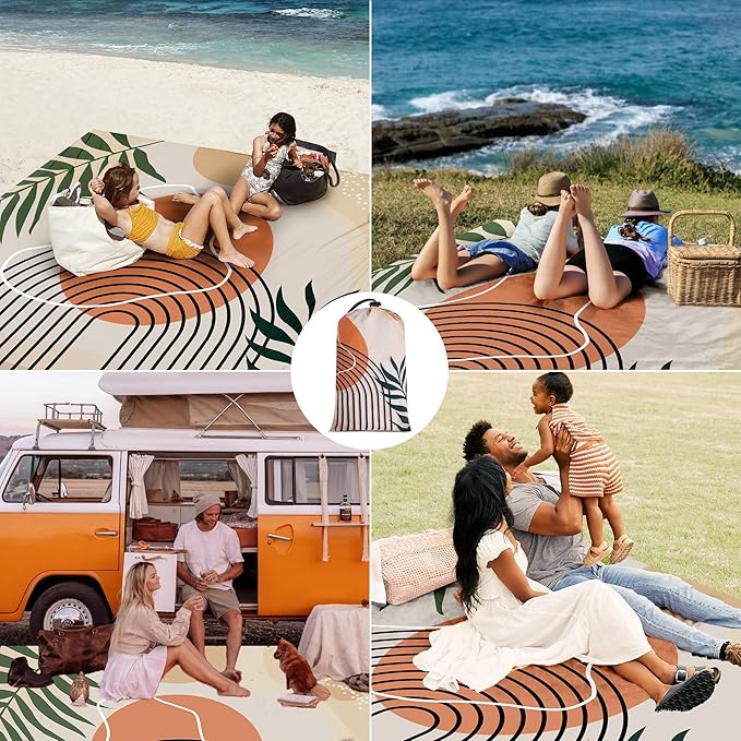 110''×118'' Large Sandproof Beach Blanket for 4-8 Adults, Waterproof Sand Free Beach Mat with 4 Stakes, Polyester Lightweight Boho Outdoor Travel Mat for Picnic, Travel, Camping, Hiking