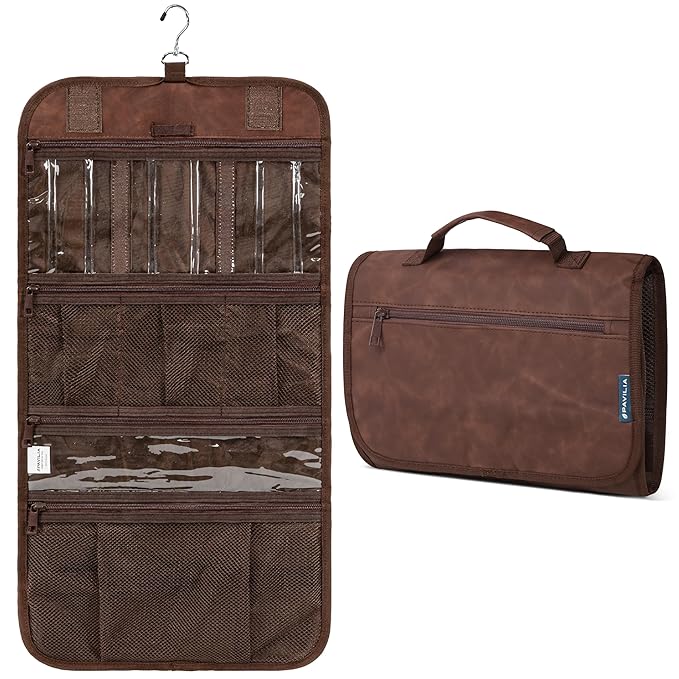 PAVILIA Hanging Toiletry Bag Men Women, Travel Kit Foldable Large Toiletries Organizer, Roll up Cosmetics Makeup Bag Accessories, Waterproof Essentials Dopp Case (Brown)