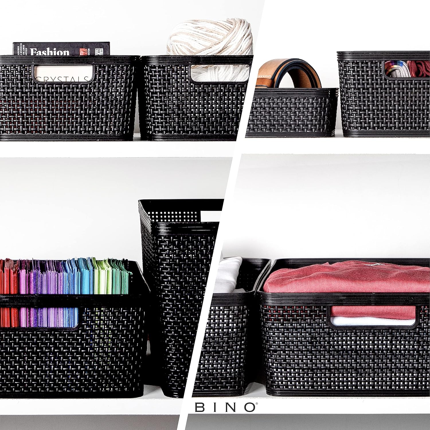 BINO | Woven Plastic Basket | Medium (Black), 4-Pack | THE JUTE COLLECTION | Home Organization, Space - Saving Storage, Stylish Design | Jute Basket | Plastic Storage Basket