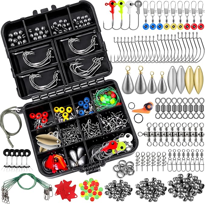 TOPFORT 187/343pcs Fishing Accessories Kit, Organized Fishing Tackle Box with Tackle Included, Fishing Hooks, Fishing Weights Sinkers, Fishing Gear and Equipment, Fishing Gift for Men