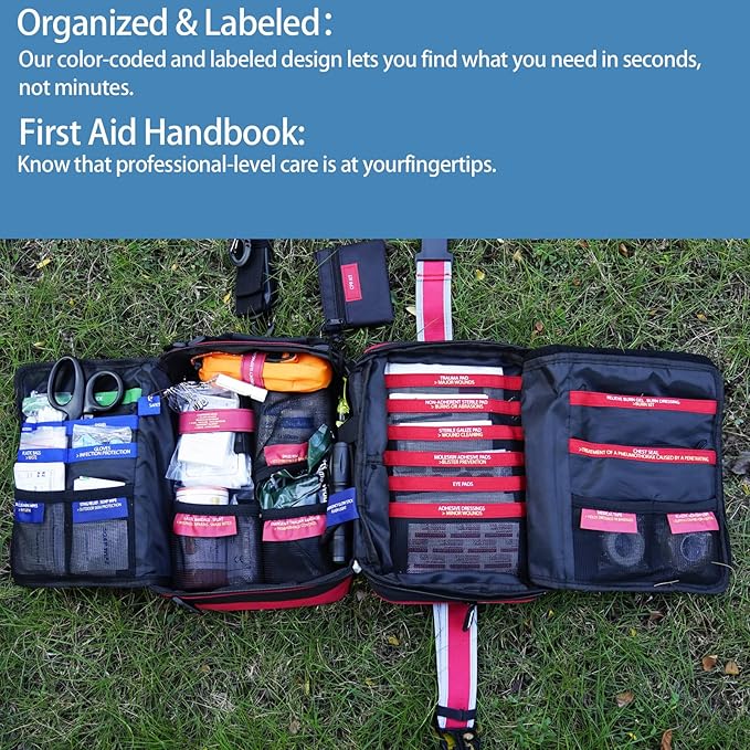 Upgrade Comprehensive Premium First Aid Kit, Labeled Compartments Trauma Kits with Shoulder Strap, Large Emergencies Medical Kits for Home, Truck, Camping, Sports, Outdoor Emergencies -401 Piece Set