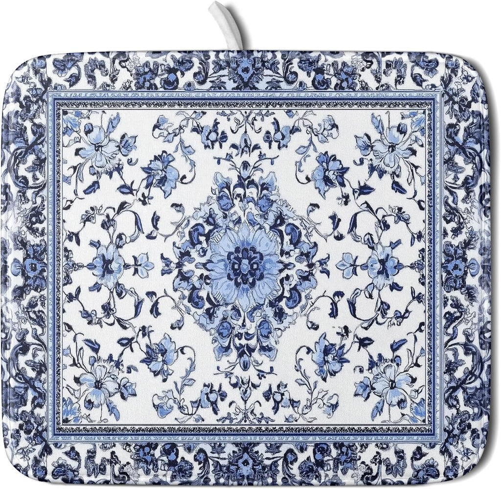 Boho Floral Dish Drying Mat 16x18 Inch Blue Leaves Kitchen Drying Pad Reversible Absorbent Dish Drainer Rack Mats Counter Tableware Decor