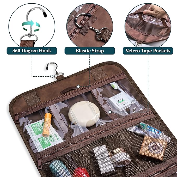 PAVILIA Hanging Toiletry Bag Men Women, Travel Kit Foldable Large Toiletries Organizer, Roll up Cosmetics Makeup Bag Accessories, Waterproof Essentials Dopp Case (Brown)