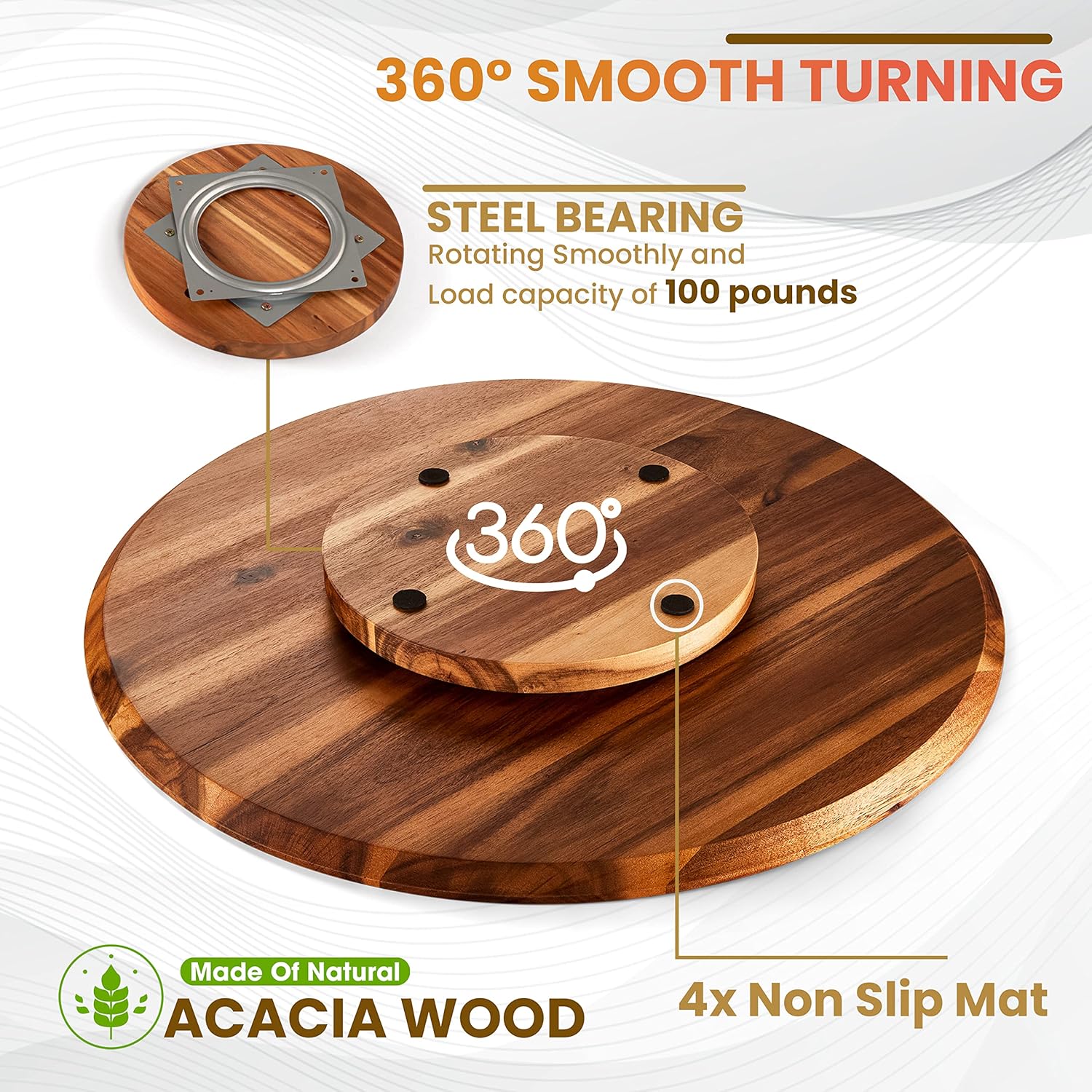 21" Acacia Wood Lazy Susan for Table Top - Wooden Turntable Serving Tray for Charcuterie Boards Cheese Board - Extra Large Round Lazy Susan Organizer - Kitchen Revolution for Countertop