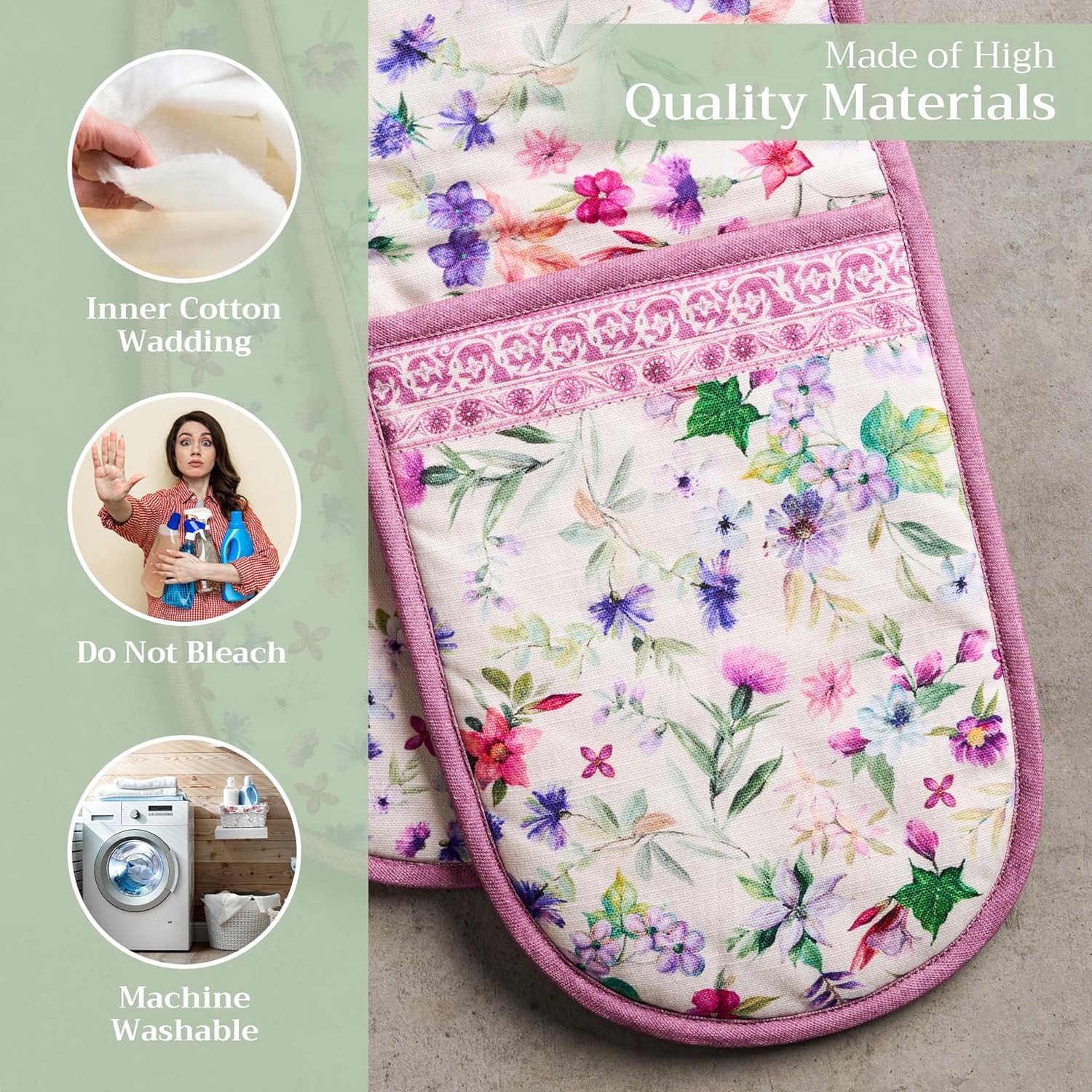 Maison d' Hermine Double Oven Mitts 100% Cotton 7"x35" Double Oven Mitt Heat Resistant BBQ Cooking Gloves with Loop, Baking, Grilling, Home, Kitchen, Handling Hot Pans Spring Summer (Chardon)