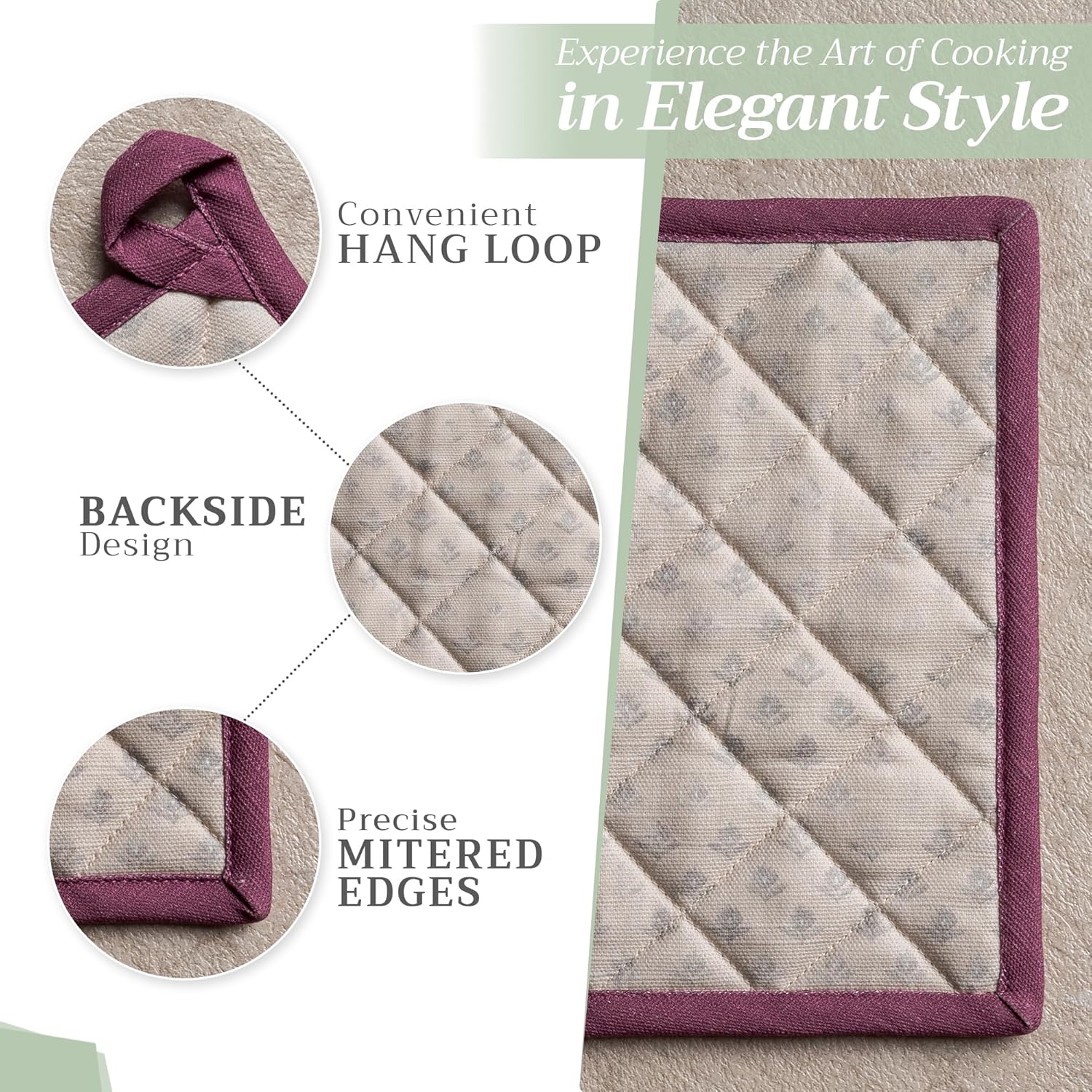 Maison d' Hermine Pot Holders Set 100% Cotton Heat Resistant Potholders 8" x 8" Hot Pads with Loop BBQ, Cooking, Baking, Grilling, Kitchen, Handling Hot Pans Spring/Summer (Pack of 2, Fanny Lavender)