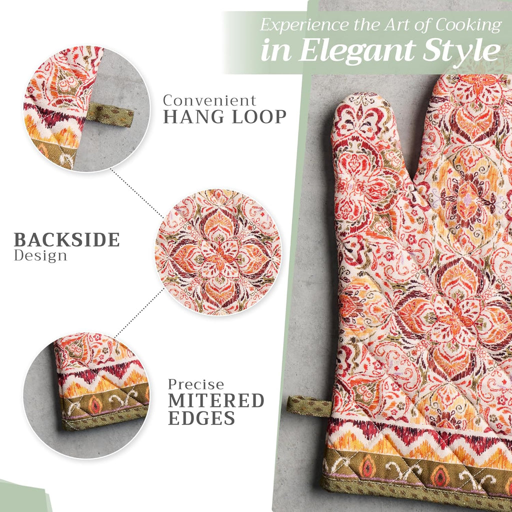 Maison d' Hermine 100% Cotton Oven Mitt & Pot Holder Set (7.5"x13" & 8"x8") Heat Resistant BBQ Cooking Gloves with Loop, Baking, Grilling, Kitchen, Handling Hot Pans (Damask)