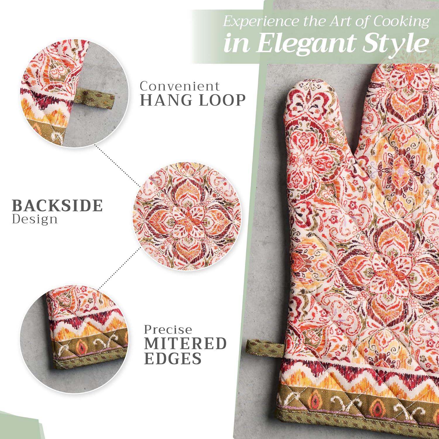 Maison d' Hermine 100% Cotton Oven Mitt & Pot Holder Set (7.5"x13" & 8"x8") Heat Resistant BBQ Cooking Gloves with Loop, Baking, Grilling, Kitchen, Handling Hot Pans (Damask)