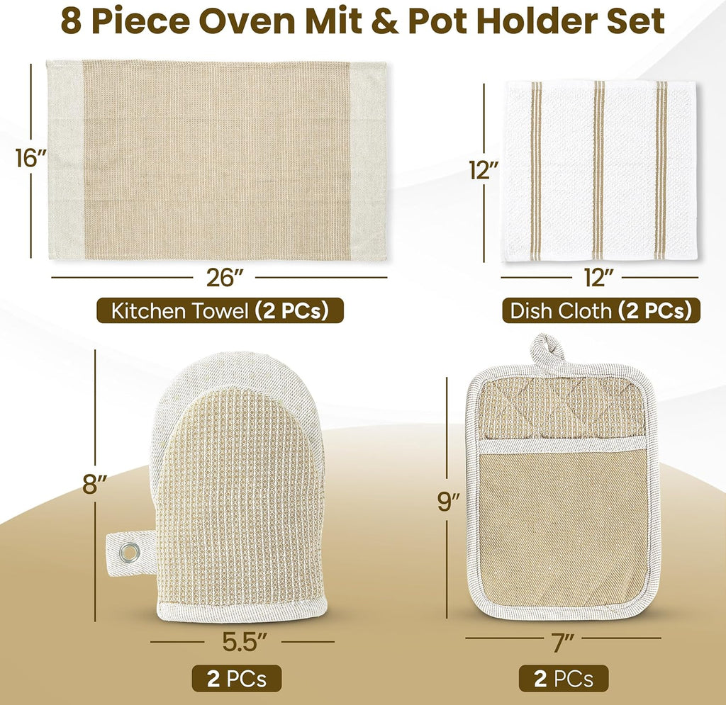 Casa Platino Pot Holders and Oven Mitts, 8-Piece – 500°F Heat Resistant Mini Oven Mitts with Silicone Grip, Potholders for Kitchens, 2 Kitchen Towels & 2 Dish Cloths – Non-Slip & Durable – Beige