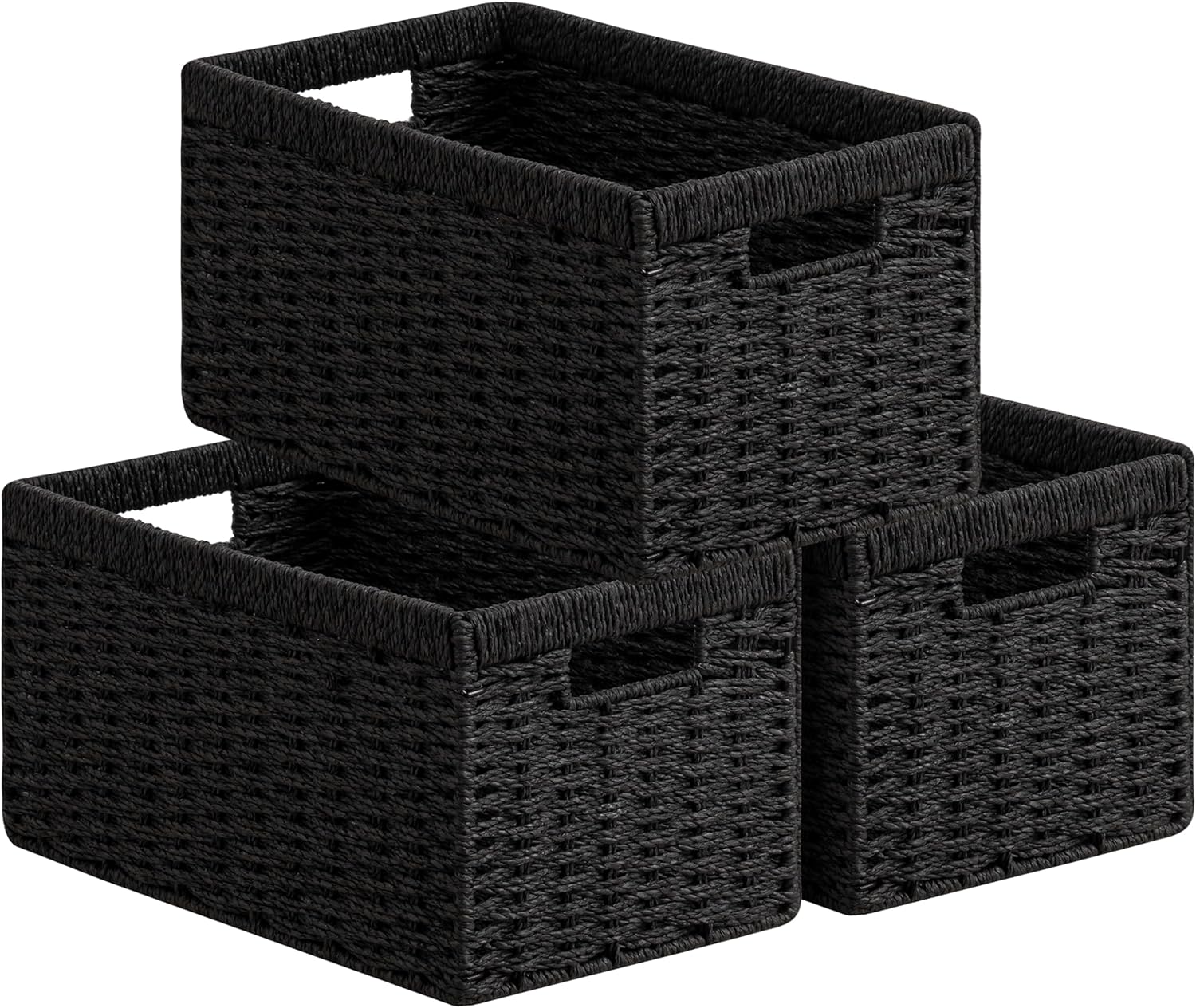 UBBCARE 3 Pack Wicker Basket, 13.4L×8.3H×7.1W inch Woven Paper Rope Storage Baskets for shelves, Foldable Rectangular Storage Baskets with Handle, Storage Basket for Organizing, Black