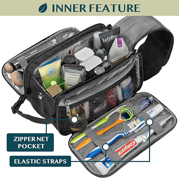 PAVILIA Toiletry Bag for Men Women, Mens Travel Bag Toiletries Organizer Case for Grooming, Travel Essentials Shaving Dopp Kit, PU Leather Water Resistant Cosmetic Pouch, Black