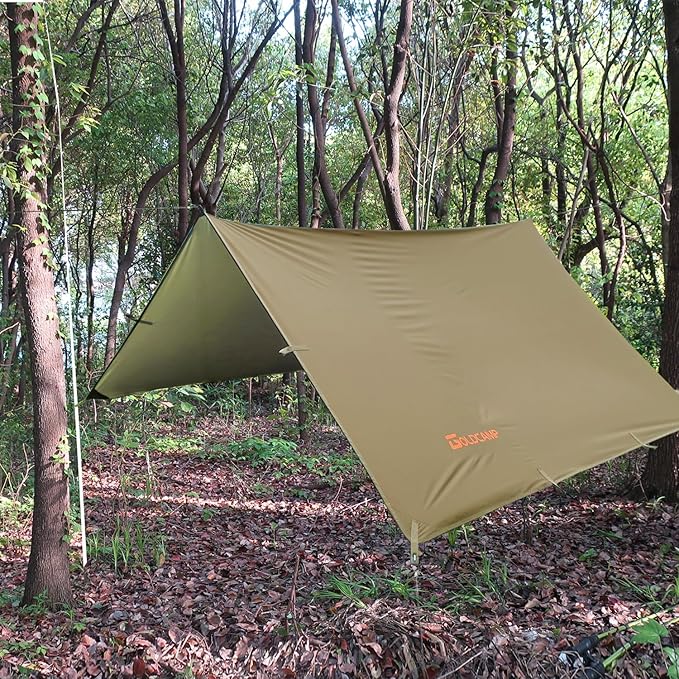 GOLDCAMP Bushcraft Emergency Camping Tarp，70D Nylon 10X13.2FT Hammock Rain Fly ，UV 50+ and PU15000mm Tent Tarp Shelter Canopy，Heavy Duty Multifunctional Sun Shade Essentials for Hiking (10X13.2ft)