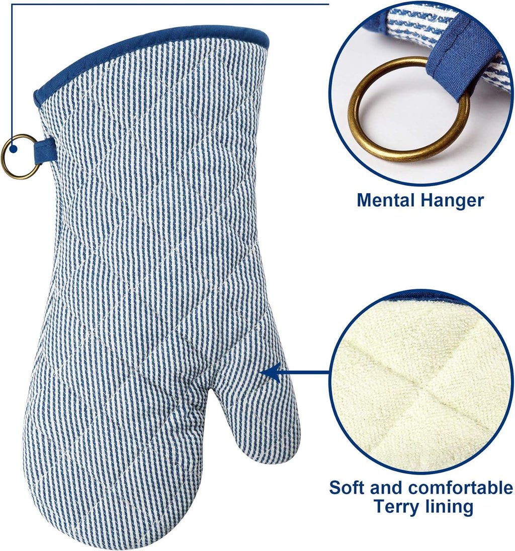 1 Pair Yarn Dyed Oven Mitts 100% Cotton Heat Resistant 470 Degree Gloves Men Women Cooking Baking Barbecue BBQ Microwave Crafting Machine Washable Pot Holders Mittens (blue2)