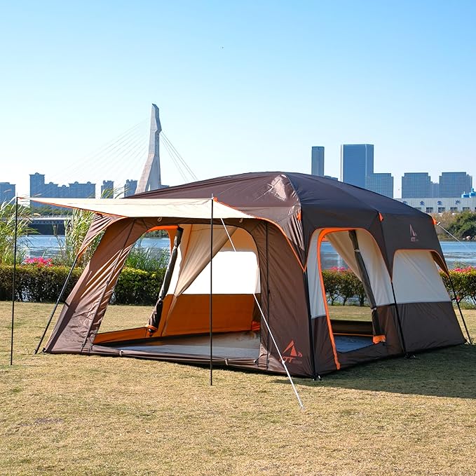 KTT Extra Large Tent 10-12-14 Person(A),Family Cabin Tents,2 Rooms,3 Doors and 3 Windows with Mesh,Straight Wall,Waterproof,Double Layer,Big Tent for Outdoor,Picnic,Camping,Family Gathering