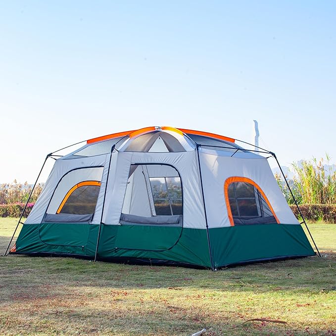 KTT Extra Large Tent 10-12-14 Person(A),Family Cabin Tents,2 Rooms,3 Doors and 3 Windows with Mesh,Straight Wall,Waterproof,Double Layer,Big Tent for Outdoor,Picnic,Camping,Family Gathering