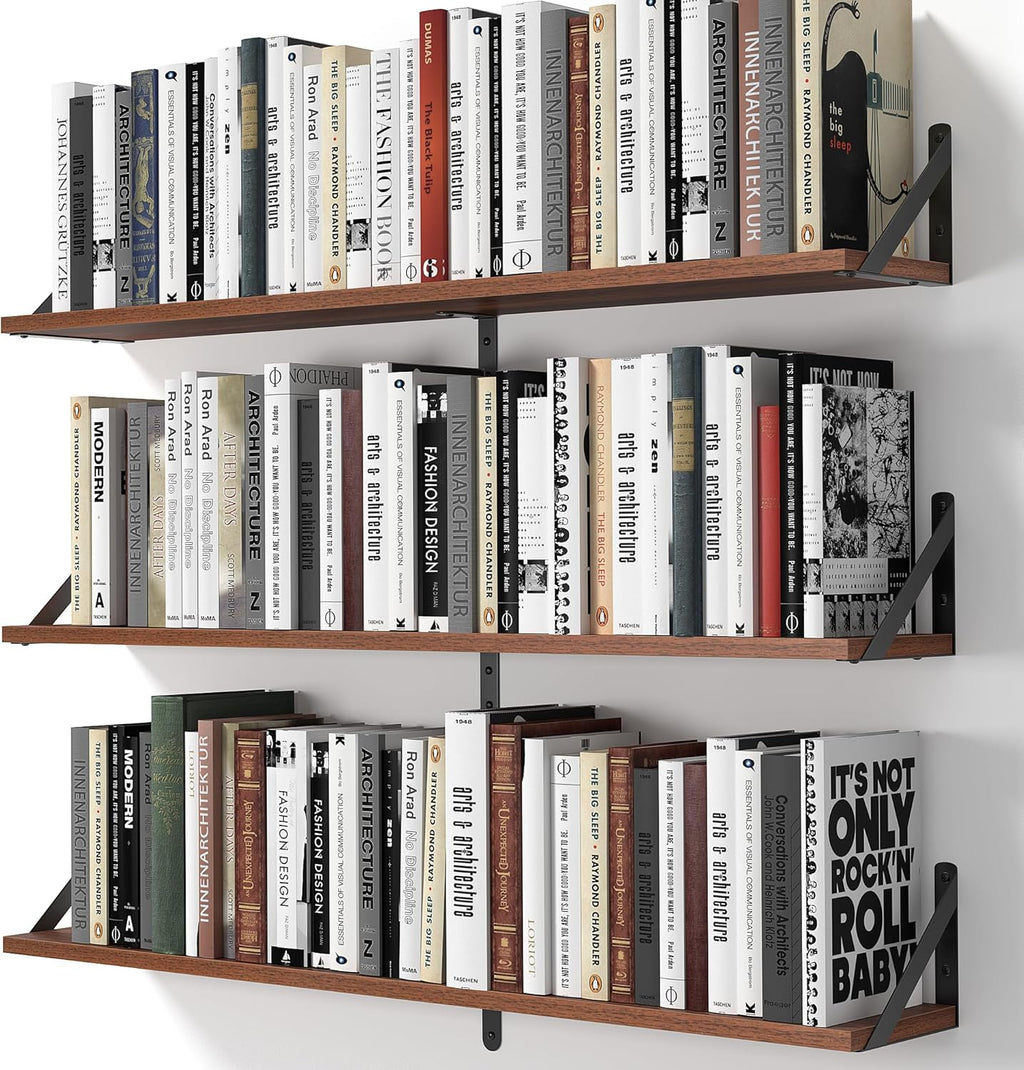 Heimlove Floating Shelves for Wall, 36 Inch Long Wood Floating Bookshelf Set of 3, Wall Mounted Hanging Shelf for Bathroom Bedroom Kitchen, Walnut