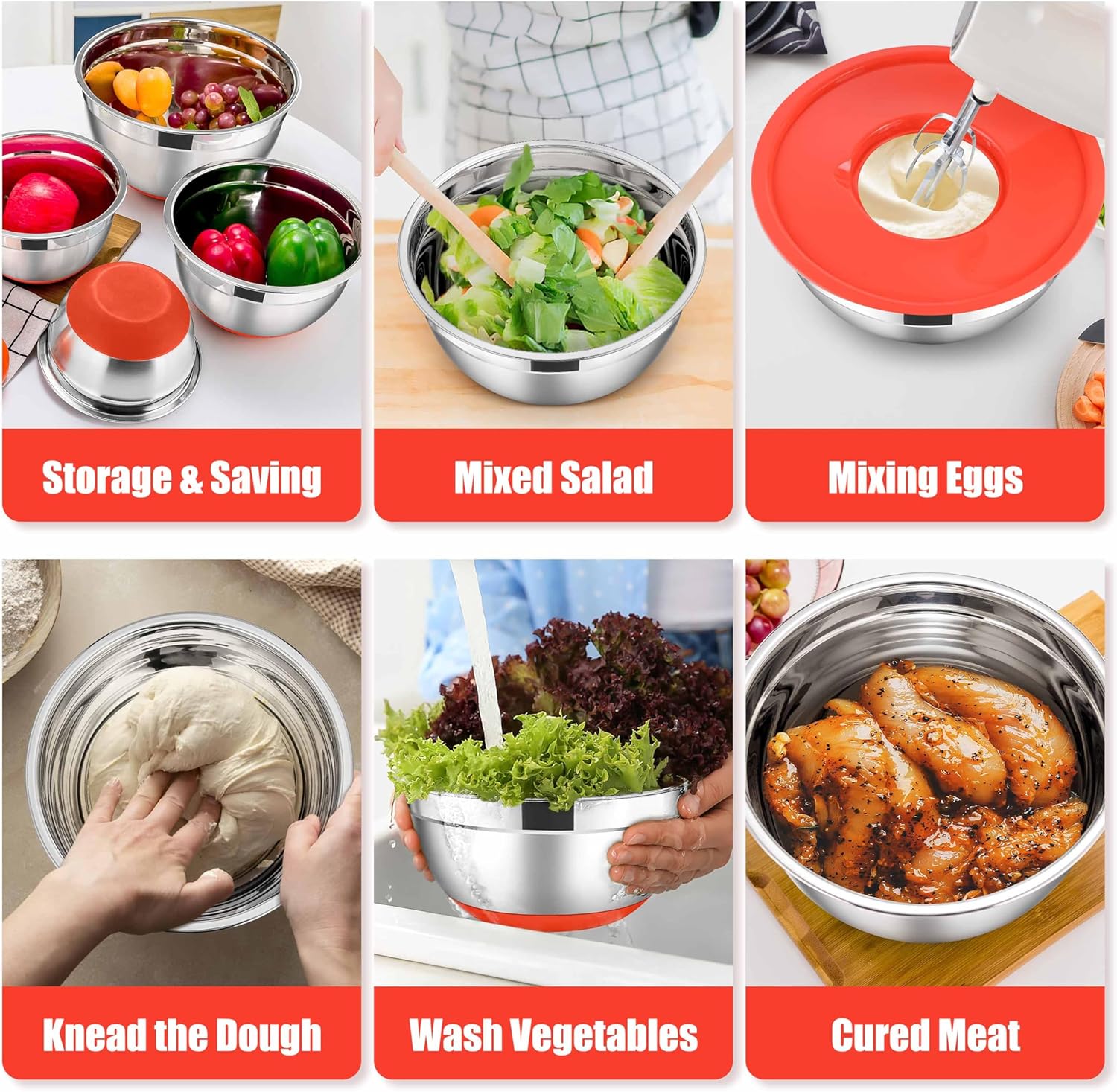 E-far Stainless Steel Mixing Bowls with Lids Set, 5-Piece Nesting Salad Bowls with 3 Grater Attachments and Non-Slip Bottoms, Size 4.6, 2.6, 2, 1.5, 1QT for Kitchen (Red)