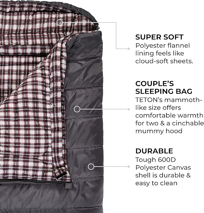Teton Mammoth Queen Size Double Sleeping Bag- A Warm Bag The Whole Family can Enjoy – Great for Camping, Hunting and Base Camp. Compression Sack Included