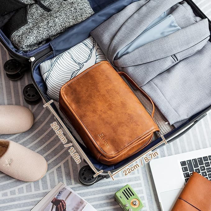 Elviros Hanging Toiletry Bag for Men Travel Essentials 3-in-1 Large Waterproof Dopp Kit PU Leather Shaving Bag with Separate Compartments for Grooming and Toiletries