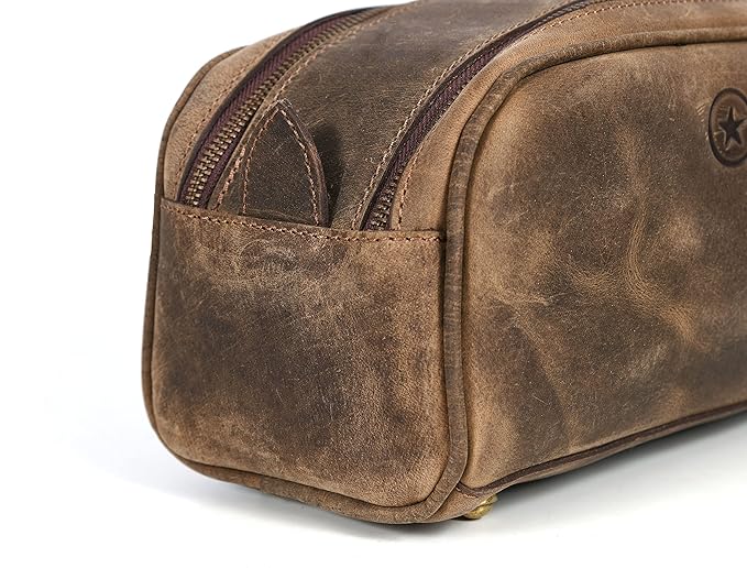10" Premium Leather Toiletry Travel Pouch With Waterproof Lining | King-Size Handcrafted Vintage Dopp - Kit ~ Gift for Father's Day By Aaron Leather Goods (Brown)