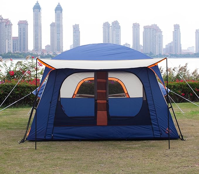KTT Extra Large Tent 10-12-14 Person(B),Family Cabin Tents,2 Rooms,3 Doors and 3 Windows with Mesh,Straight Wall,Waterproof,Double Layer,Big Tent for Outdoor,Picnic,Camping,Family Gathering