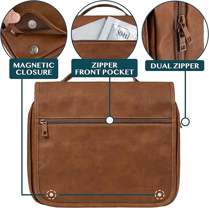 PAVILIA Hanging Toiletry Bag Women Men, Foldable Cosmetic Organizer Travel Bag, Water Resistant Makeup Bag Toiletries, Large Travel Essentials Kit (Brown)
