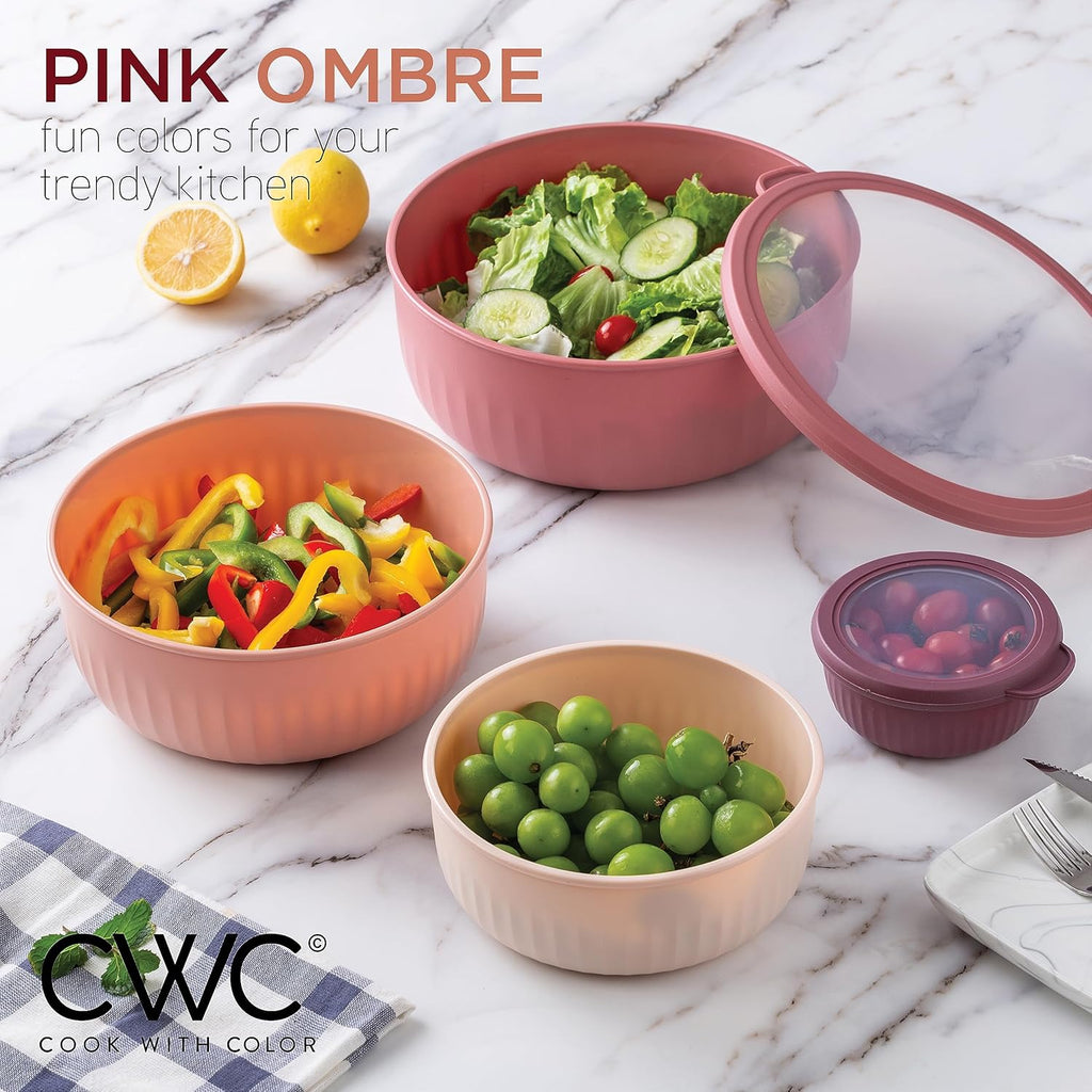 COOK WITH COLOR Prep Bowls with Lids- Wide and Deep Nesting Plastic Small Mixing Bowl Set with Lids, 12 Piece Set - Wide Bowls, Rose