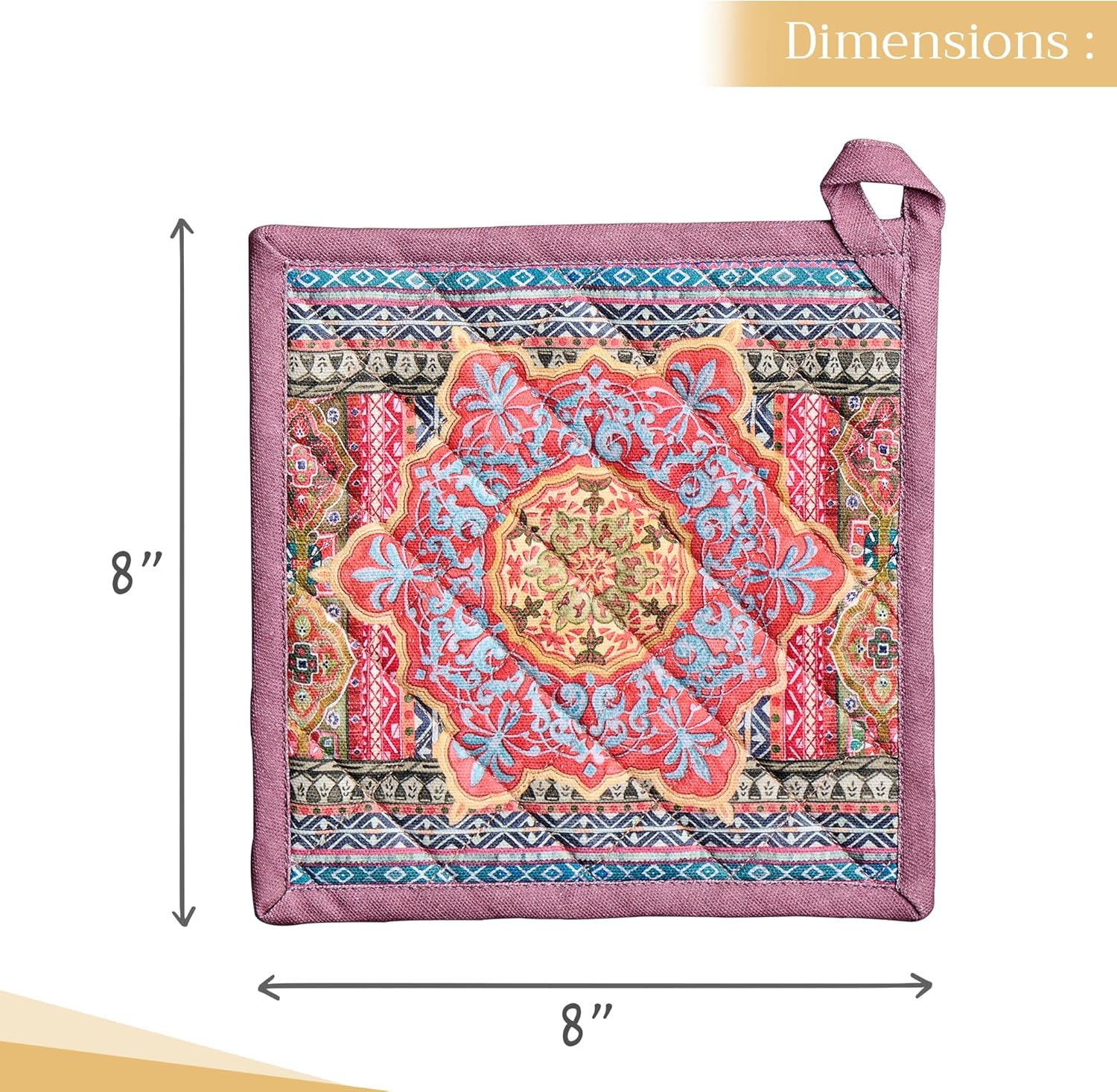 Maison d' Hermine Pot Holders 100% Cotton Heat Resistant Potholders 8" x 8" Hot Pads with Loop BBQ, Cooking, Baking, Grilling, Kitchen, Handling Hot Pans (Pack of 1, Ispahan)