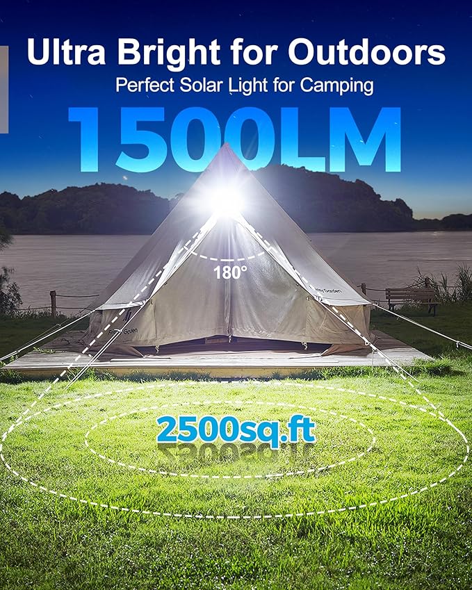 1500Lumens High Bright Solar Camping Lights, 208LEDs Solar Powered & USB Rechargeable Tent Lights,IP68 Waterproof Portable Outdoor Camping Light Solar Powered for Emergency Power Outage