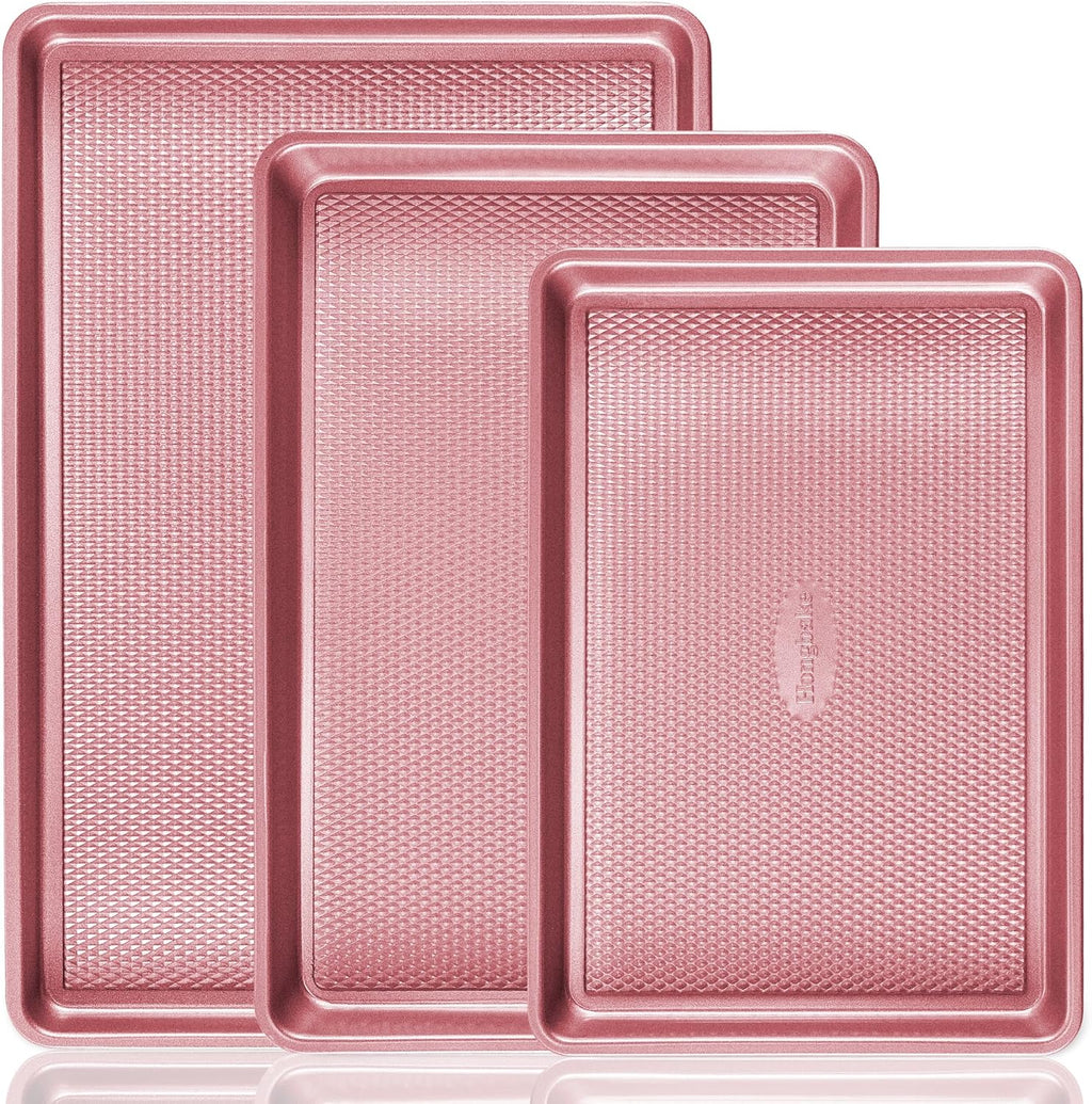 HONGBAKE Baking Sheet Pan Set, Cookie Sheets for Oven, Nonstick Half/Quarter/Jelly Roll Pans with Diamond Texture Pattern, Heavy Duty Cookie Tray, Pink