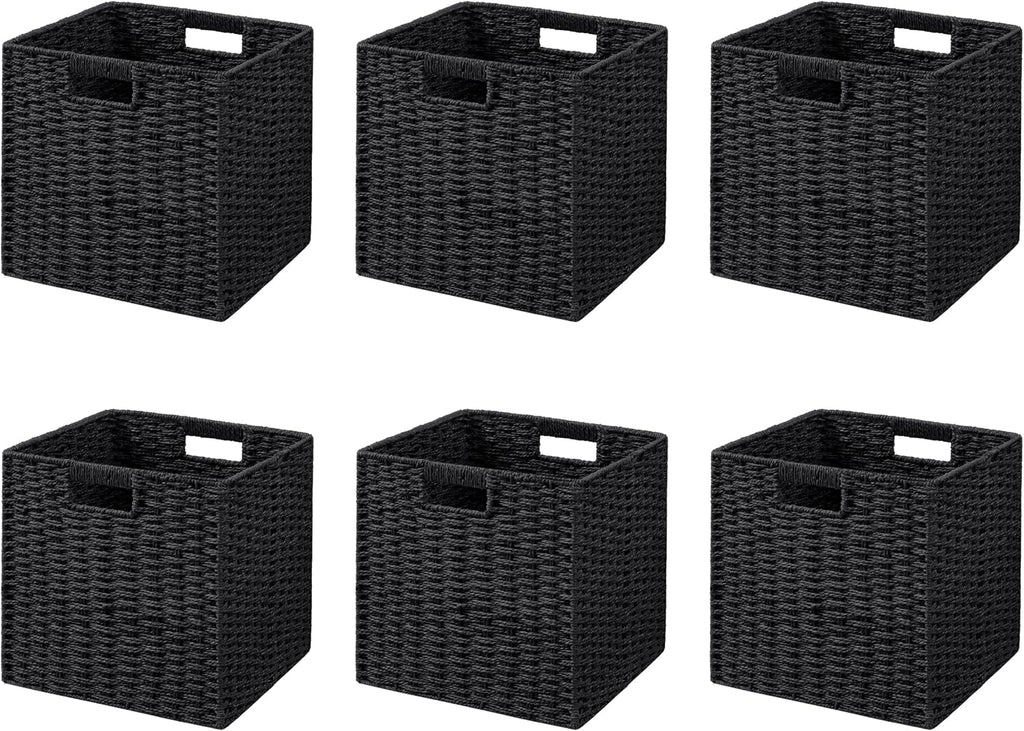 UBBCARE 6 Pack Wicker Basket, 11L×11H×10.5W inch Woven Paper Rope Storage Baskets for shelves, Foldable Cube Storage bin with Handle, Storage Basket for Organizing & Decor, Black