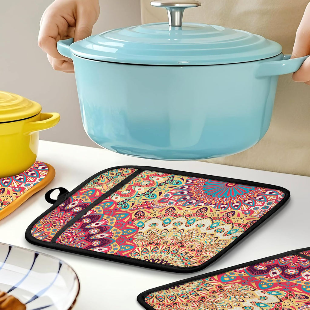 Colorful Abstract Mandala Floral Pot Holders for Kitchen, Boho Vibrant Ethnic Flower Botanical Heat Resistant Hot Pads and Oven Mitts for Baking Cooking