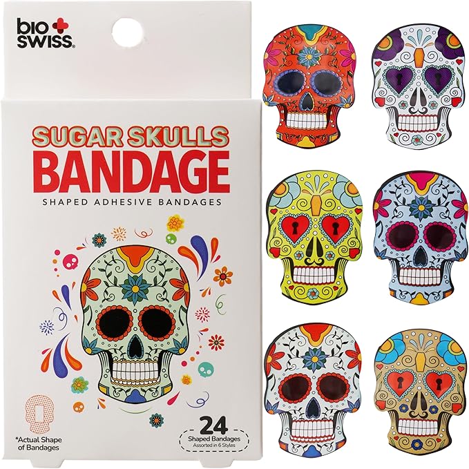 BioSwiss Bandages, Sugar Skull Shaped Self Adhesive Bandage, Latex Free Sterile Wound Care, Fun First Aid Kit Supplies for Kids, 24 Count