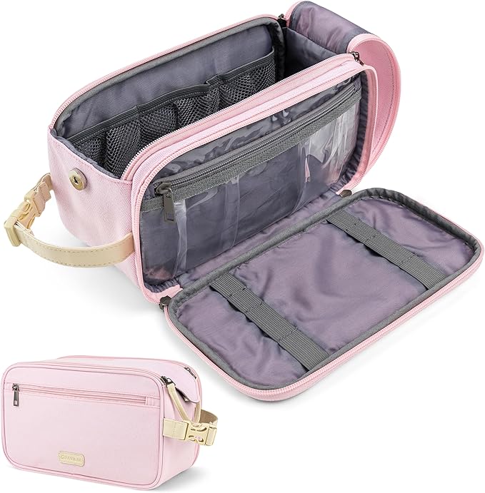 PAVILIA Toiletry Bag for Women, Canvas Travel Dopp Kit, Water Resistant Hygiene Bag Toiletries Organizer, Shaving Kit Travel Accessories Bag, Pink