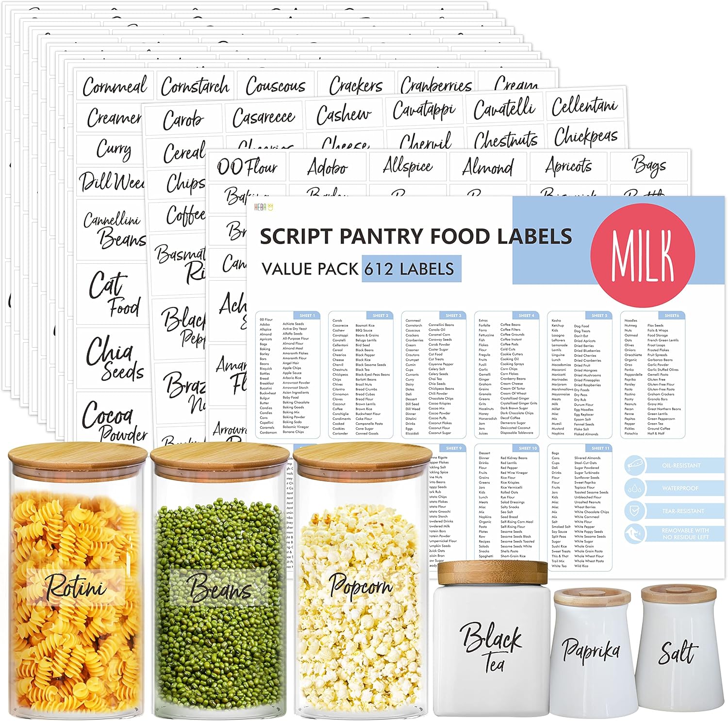 Hebayy 612 Script Pantry Food Labels, Water & Oil Resistant Pantry Label Stickers Food Jar Label for Organization and Storage