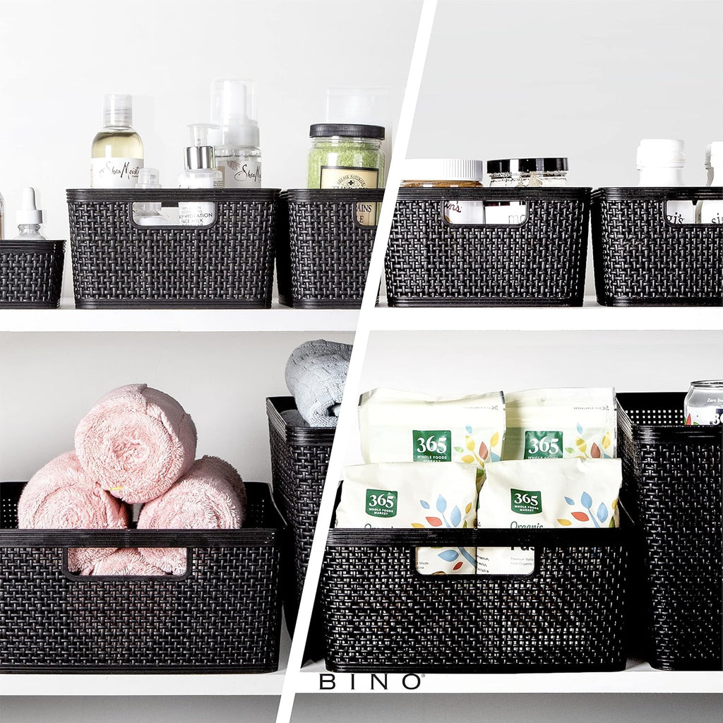 BINO | Woven Plastic Basket | Large (Black), 3-Pack | THE JUTE COLLECTION | Home Organization, Space - Saving Storage, Stylish Design | Jute Basket | Plastic Storage Basket
