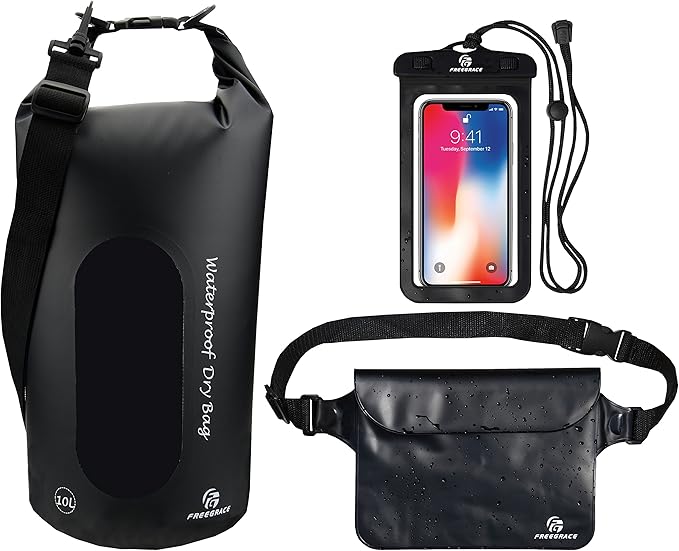 Waterproof Dry Bags Set of 3 Dry Bag with 2 Zip Lock Seals & Detachable Shoulder Strap, Waist Pouch & Phone Case - Can Be Submerged Into Water - for Swimming (Black(Window), 20L)